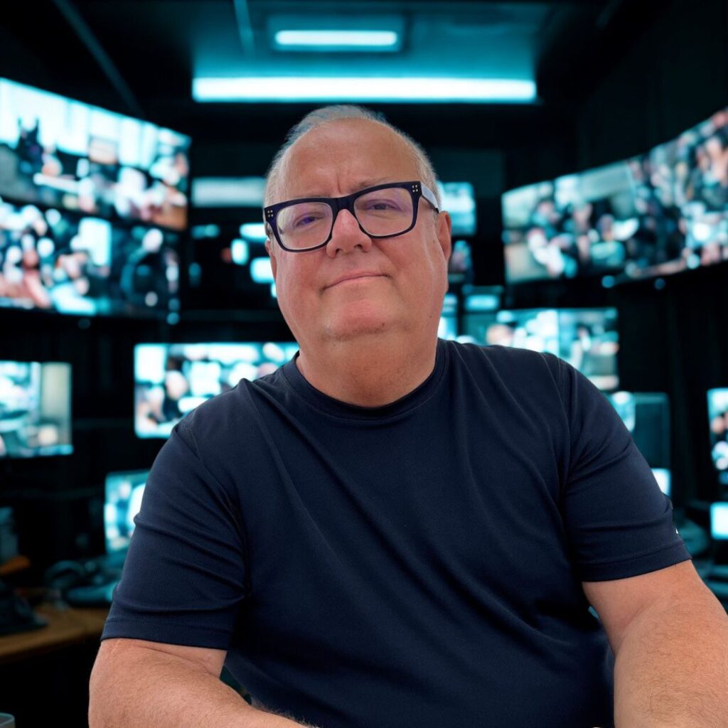 Gigio Rancilio con maglietta nera a maniche corte, indossa occhiali da vista, è corpulento , capelli bianch icortissimi e sorride. Dietro di lui tanti schermi