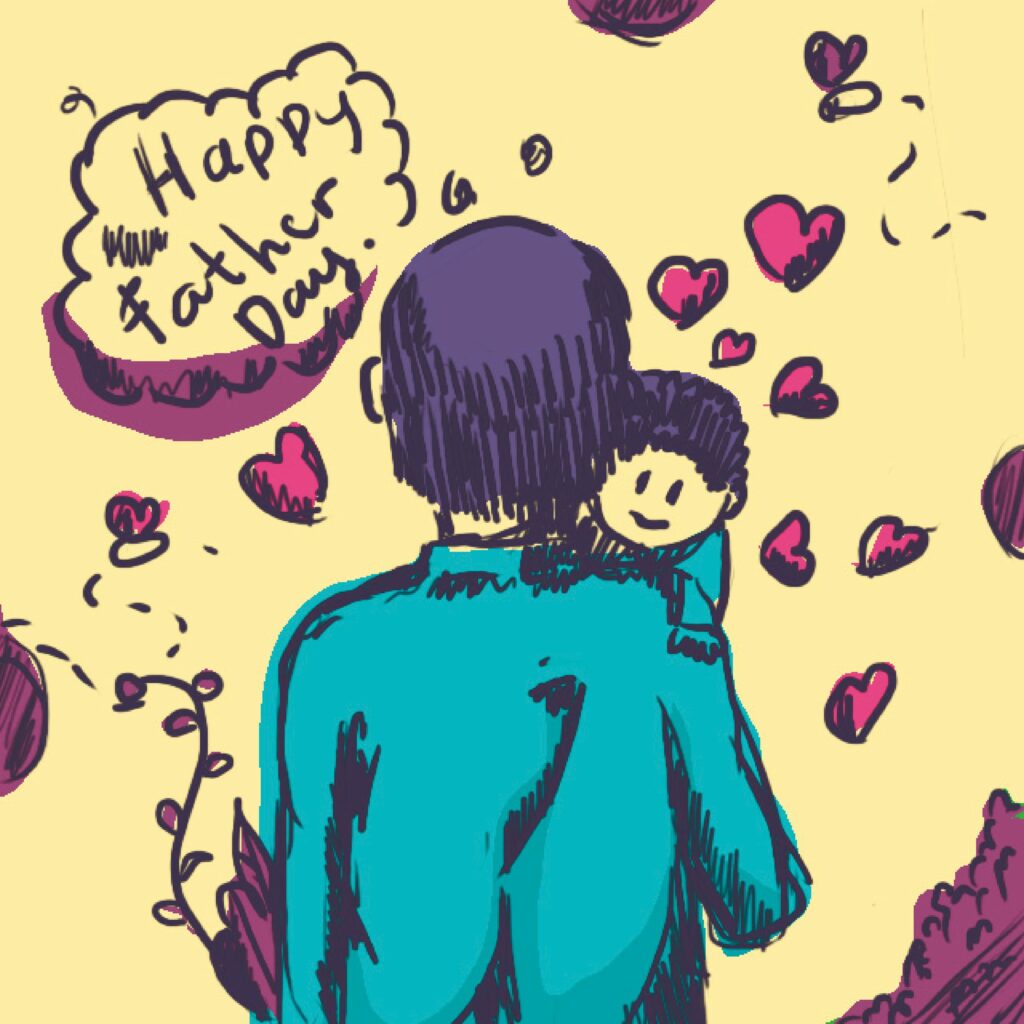 festa del papà disegno di un uomo di spalle che abbraccia un bimbo sfondo giallo e tanti cuori rossi intorno a loro