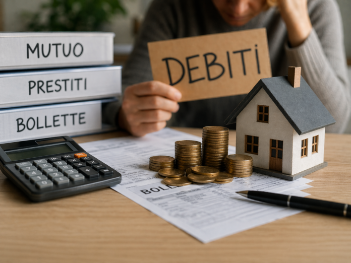 debiti famigliari - nella foto un tavolo con sopra in primo piano una bolletta con sopra delle monete e un modellino di casa, sulla destra tre faldoni con le scritte 