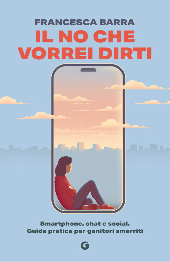 il no che vorrei dirti - la copertina del libro azzurra con al centro uno smartphone con dentro una ragazza seduta e tante nuvole sparse