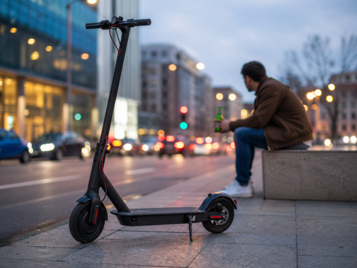 Guidare in stato di ebbrezza un monopattino elettrico è reato - nella foto in primo piano un monopattino elettrico e vicino, seduto su un marciapiede, un ragazzo sta bevendo una birra e guarda le auto della strada. La scena è al crepuscolo notturno e ci sono le luci della città. L immagine è generata con IA