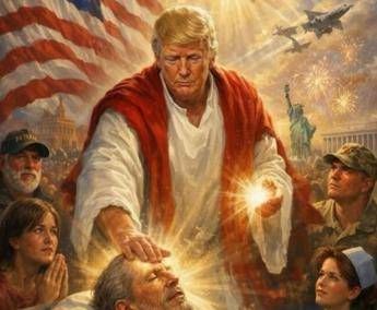 Luce divina e fedeli in preghiera, Trump come Gesù nell’immagine Ai postata su Truth
