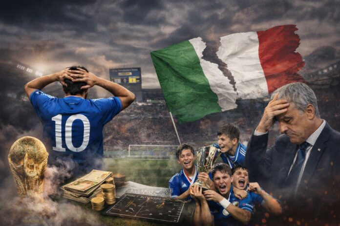 MOnidiali 2026 Nazionale Italiana, nella foto uno stadio sulllo sfondo, in primo piano un giocatore di schiena con la maglia azzurra e il numero 10 scritto sulla schiena, ha le braccia ppiegate e le mani dietro al testa, sulla destra una bandiera dell italia verce bianca e rossa strappata aa metà, sotto dei giocatori di calcio con la maglia azzurra che esultano a fianco destro un uomo con capelli grigi vestito con giacca e cravatta che si porta una mano alla fronte disperato e in mezzo alla scena delle banconote e delle monete