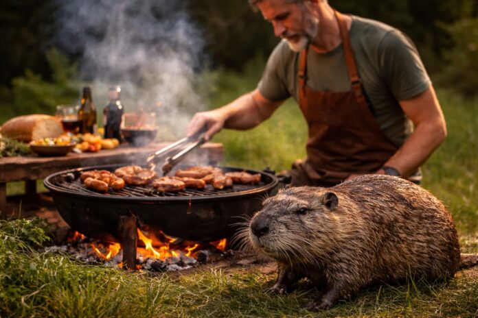 Nutria con pelo marroncino, espressione truce, ha la forma di un gigantesco topo, vicino a un uomo che in ginocchio sta preparando un barbecue con salsicce e carne, la scena è in un prato all aperto e l immagine è generata con IA