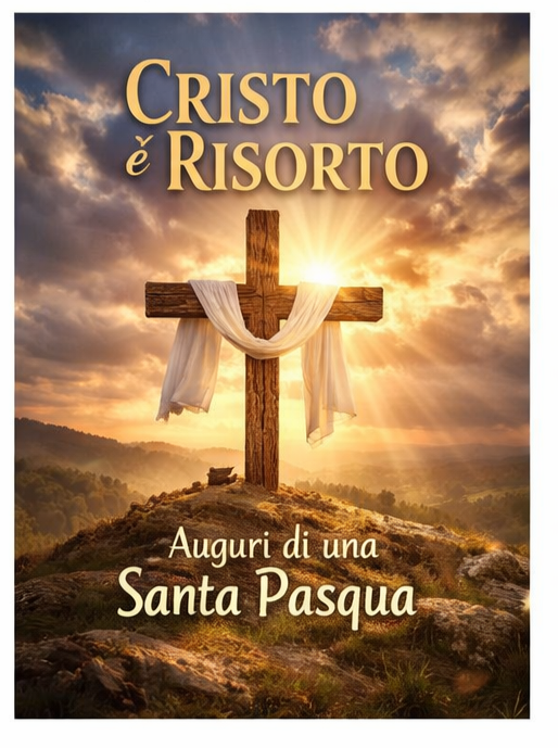 Buona Pasqua 2026 - una croce piantata su una collina, la croce è illuminata da raggi solarie d è con un klenzuolo sopra. c'è la scritta Cristo è risorto, auguri di una santa pasqua
