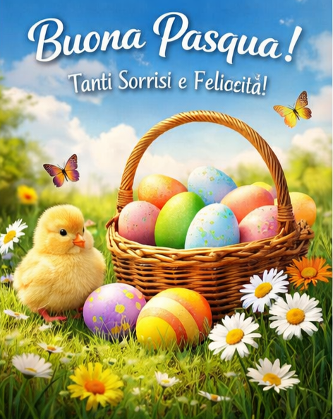 un cesto di uova colorate in m ezzo a un campo difiori e un pulcino giallo vicino