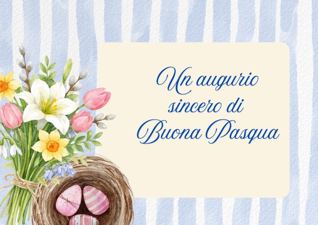 Pasqua 2026 - un biglietto di auguri con righe verticali azzurre e in basso a sinistra un cestino con uova colorate e dei fiori
