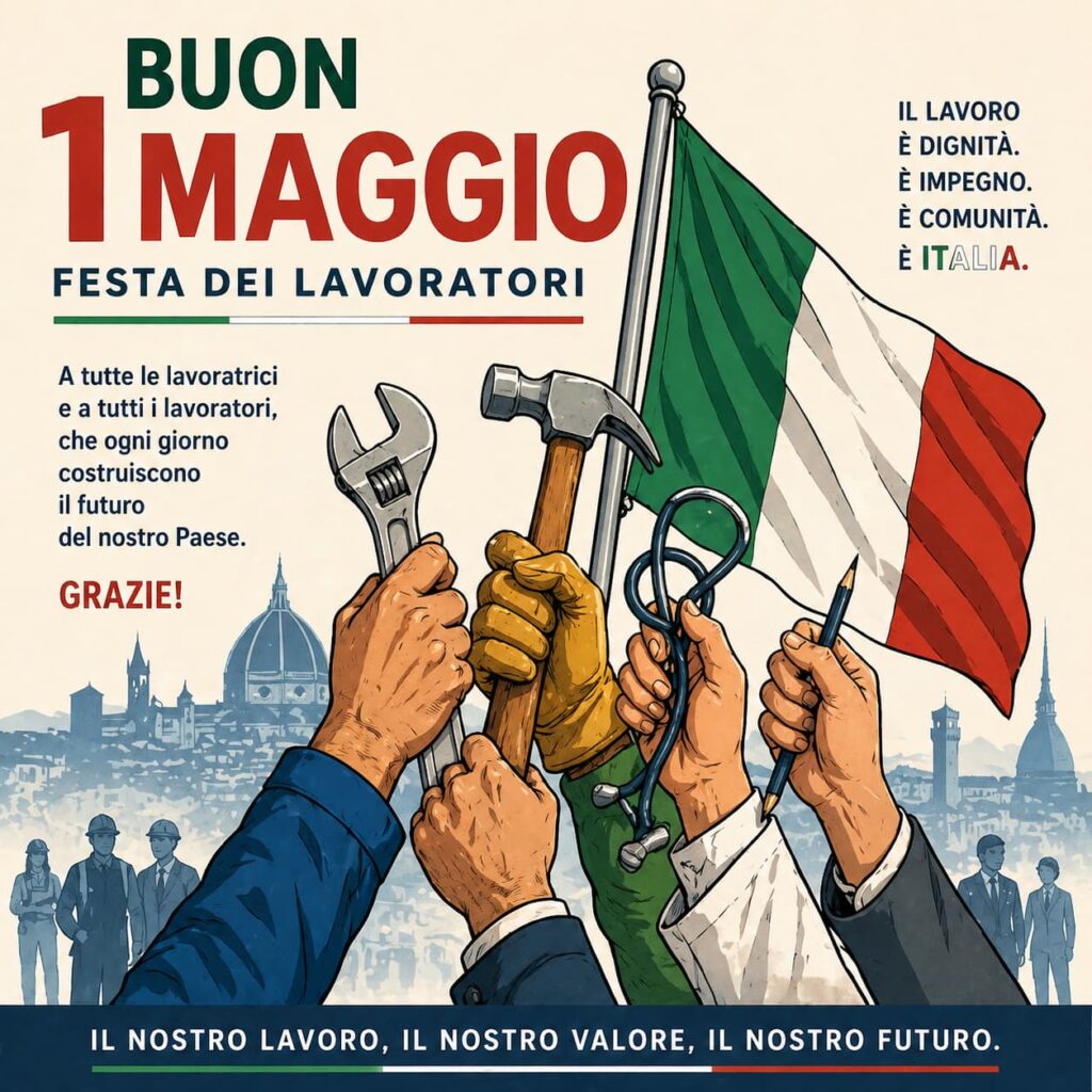 festa dei lavoratori - una immagine con delle mani alzate che tengonoin mano chiave inglese, martello e altri attrezzi e una bandierea dell'Italia verde bianca e rossa
