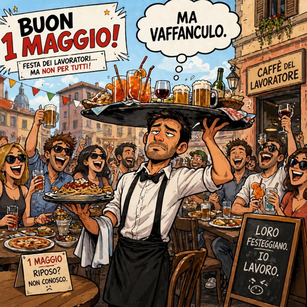 Primo maggio festa dei lavoratori - un fumetto con tanta gente seduta all aperto ai tavolini di u n bar gridano "buon primo maggio, e in primo piano un cameriere con un vassoio enorme sulla testa pieno di bicchieri con un fuletto con la scritta "ma vaffanculo" - immagine generata con ia