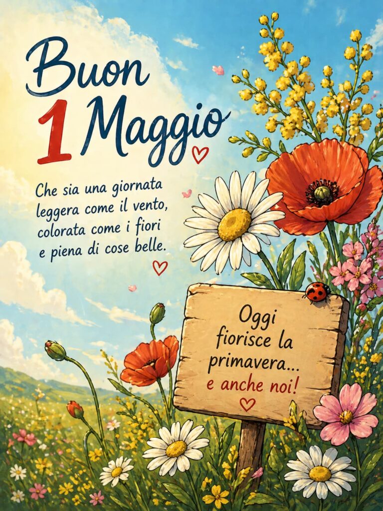 dei fiori sulla destra con la scritta buon primo maggio - immagine generata con IA