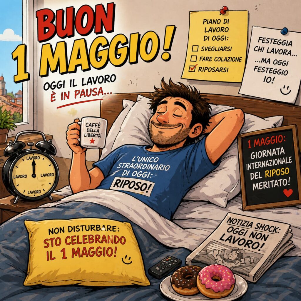 Primo maggio - un fumetto con un uomo a letto con una tazza in mano, una sveglia vicino e tanti cartelli immagine generata con IA