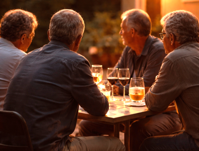 Quattro amici la vita dopo i sogni, secondo Gino Paoli - Zetatielle Magazine - immagine generata con ChatGPT Image Generator gino paoli - quattro amici - nella foto quattro persone al trmonto, sedute al tavolino di un bar