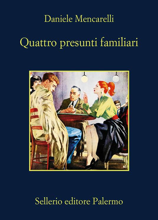 copertina di un libro su sfondo blu, un quadrato centrale rappresenta un disewgno con tre persone sedute intorno a un tavolino quadrato