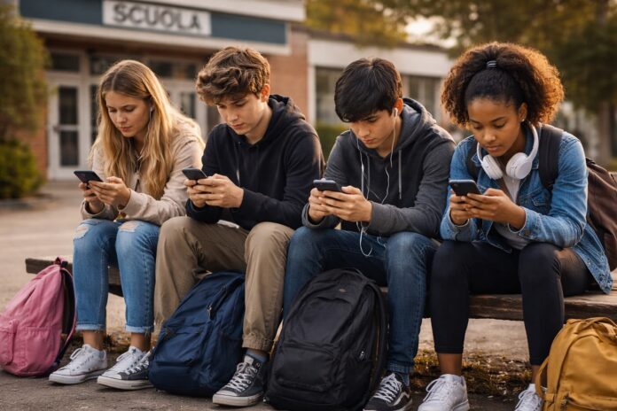 Social professoressa accoltellata - quattro ragazzi seduti su una panchina sono tutti we quattro consultando il cellulare , zaino per terra - immagine generata con IA