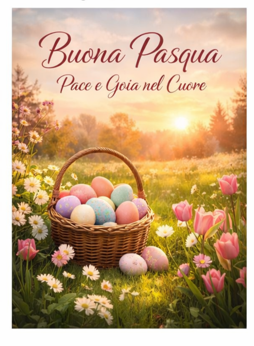 un cesto di uova colorate in mezzo a un prato pieno di fiori