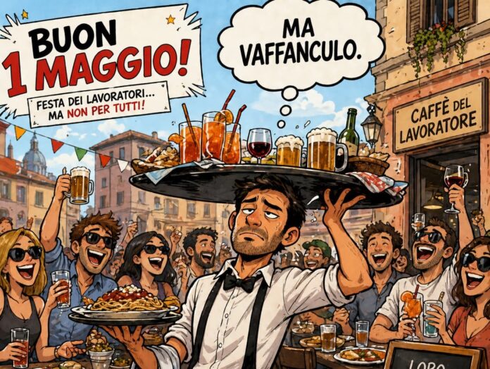Primo maggio festa dei lavoratori - un fumetto con tanta gente seduta all aperto ai tavolini di u n bar gridano 