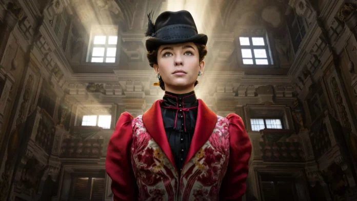 La legge di Lidia Poët - la locandona ufficiale con matilda de angelis in primo piano che indossa cappello e vestito in stile 800