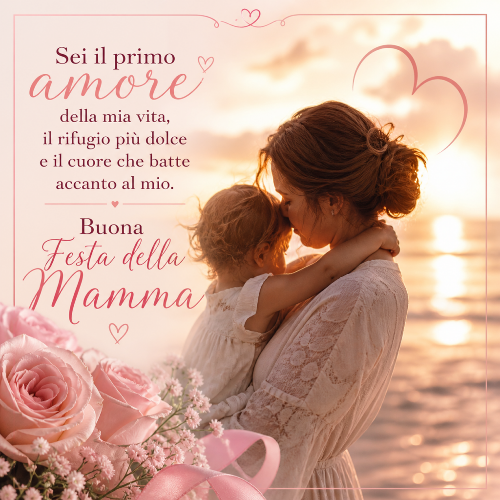 10 maggio - una immagine romantica di una donna vestita di bianco, seduta, con capelli lunghi raccolti abbraccia un bambino che tiene in grembo, intorno a lei dei fiori rosa