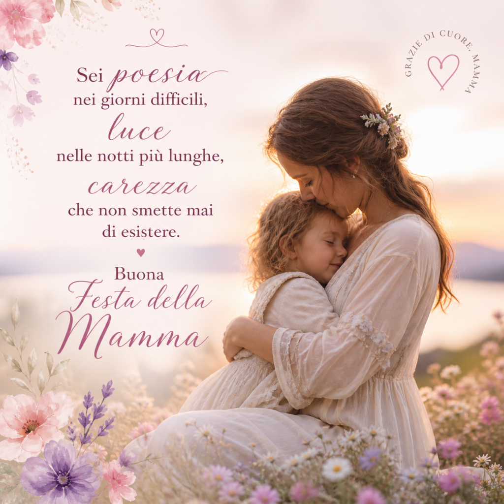 10 maggio - una immagine romantica di una donna vestita di bianco, seduta, con capelli lunghi raccolti abbraccia un bambino che tiene in grembo, intorno a lei dei fiori rosa