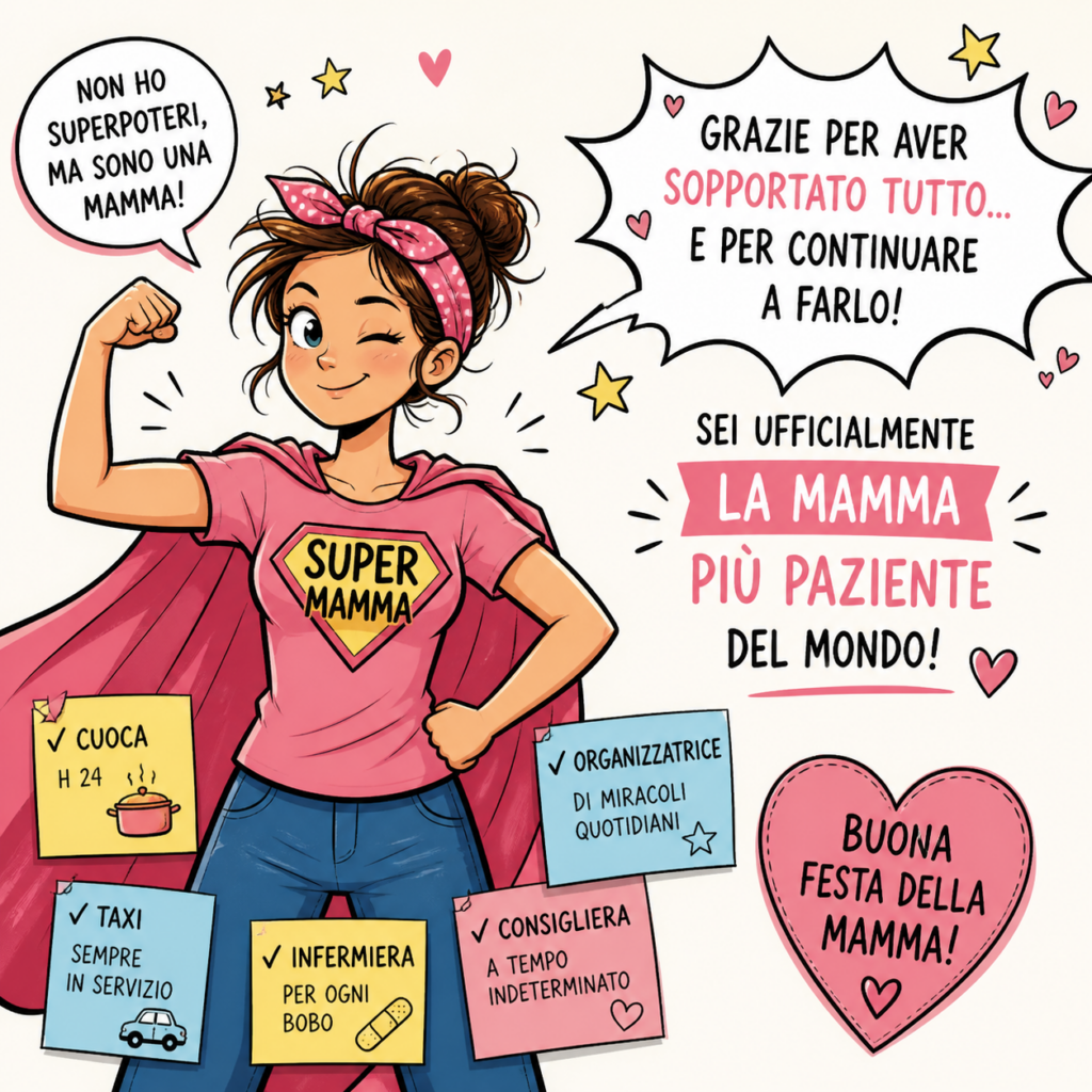 Festa della mamma - un fumetto con una donna con t shirt rosa, mantello osa, gonna blu, fazzoletto legato tra i capelli, una mano sul fianco e e una fa il pugno verso l'alto, strizza l'occhio. Intorno a se delle scrittte divertenti, dei cuori
