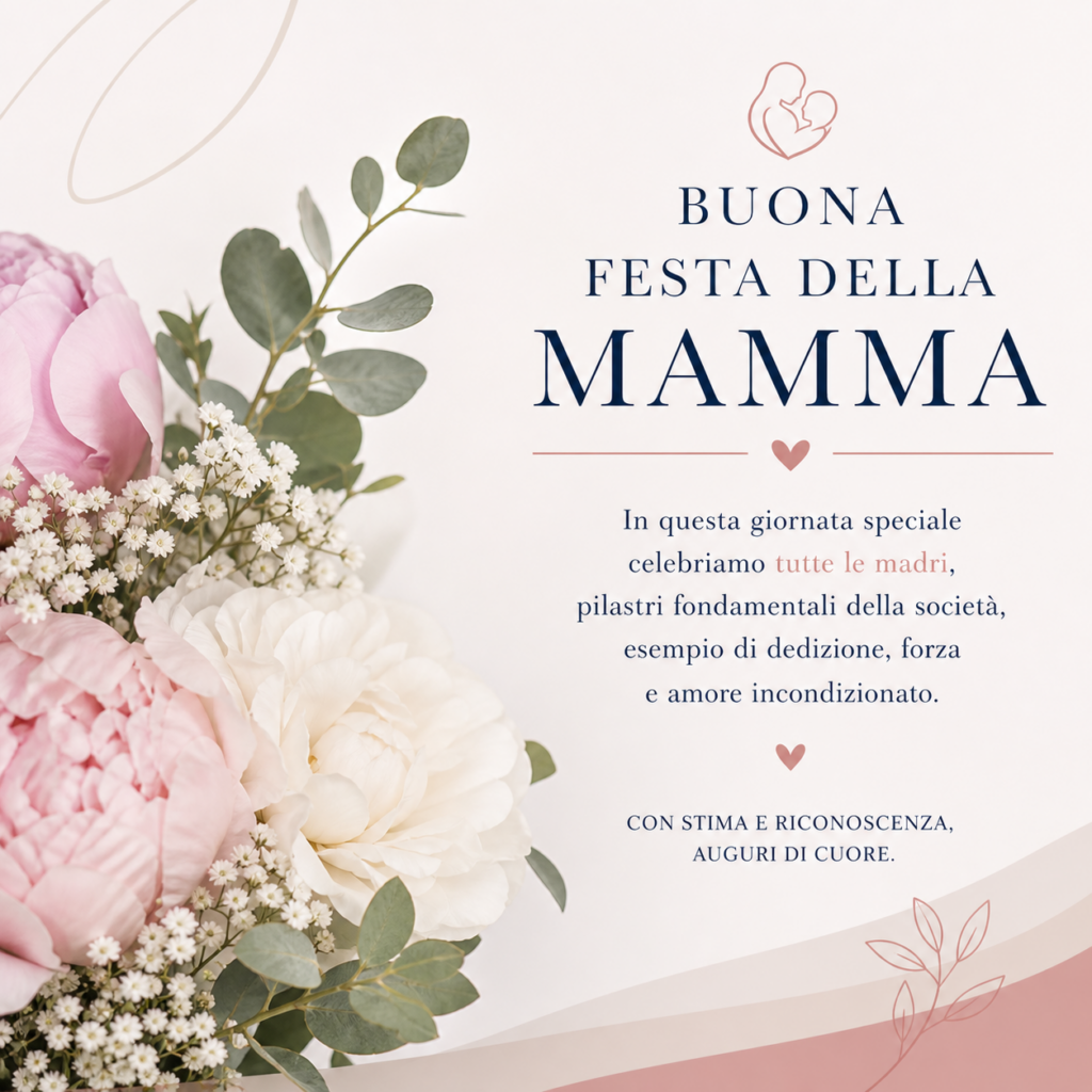 festa della mamma, un immagine quadrata con a lato sinistro dei fiori di pesco rosa e foglie verdi e una scritta sulla destra