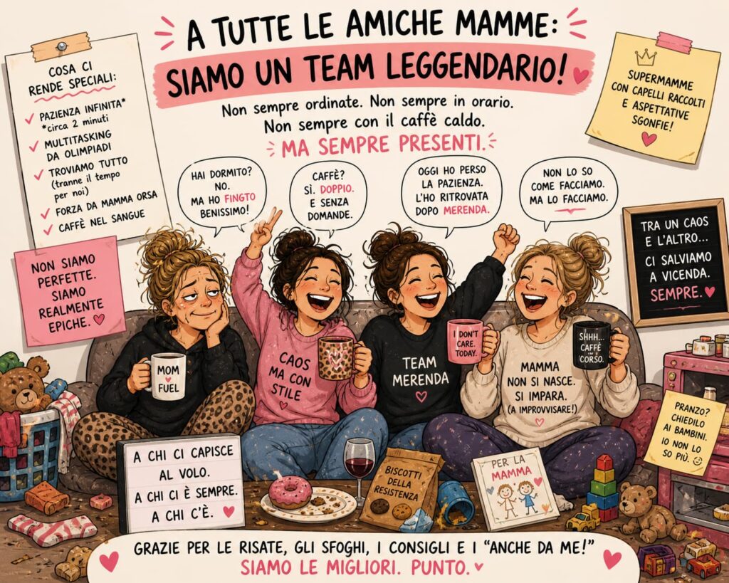 fumetto: 4 mamme sedute sul divano sorridono e intorno a loro tantissimi cartelli con frasi spiritose