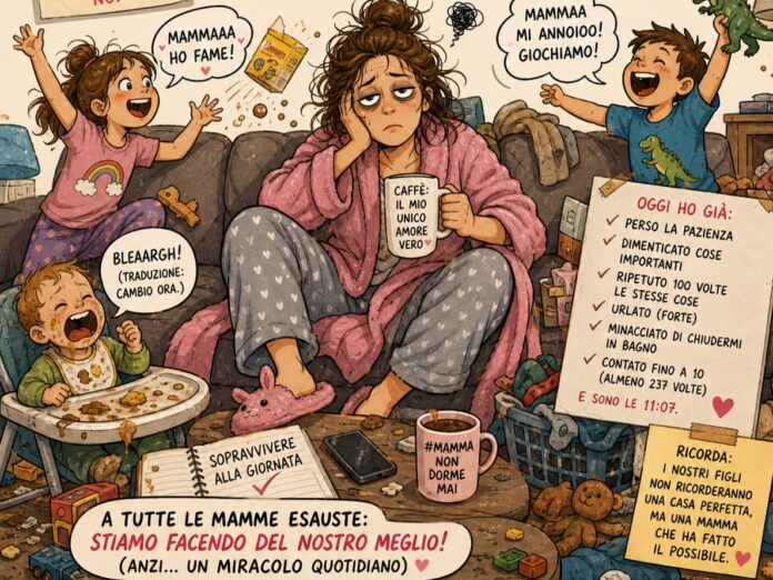 10 maggio festa della mamma - fumetto: una donna in pigiama e vestaglia è seduta sul divano cn capelli scompigliati, tazza di caffè inmano, aria stanca, gira gli occhi verso l'alto, vicino a lei due bambini festosi che fanno casino e intorno tanti post it con frasi simpatiche