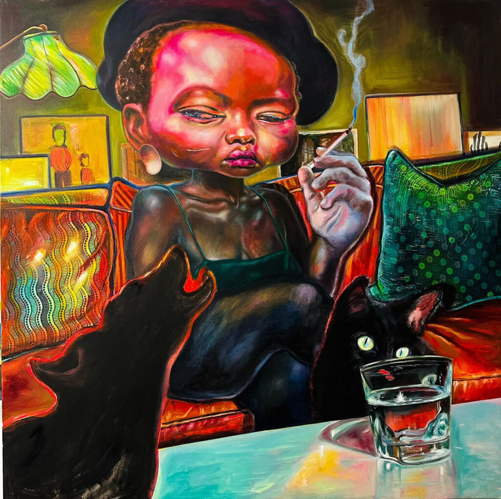 arte contemporanea femminile - un dipinto molto colorato di una donna di colore seduta su un divano, sta fumando e guarda un cane e un gatto