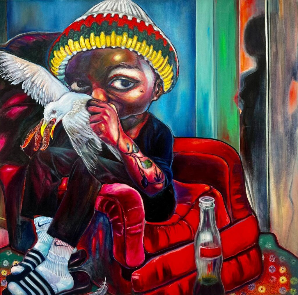 arte contemporanea femminile - un dipinto di un bambino di colore seduto su una poltrona rossa, indossa un cappellino di lana bianco con strisce rosse, verdi e gialle e tiene in mano un gabbiano che ha le ali aperte e il becco giallo aperto