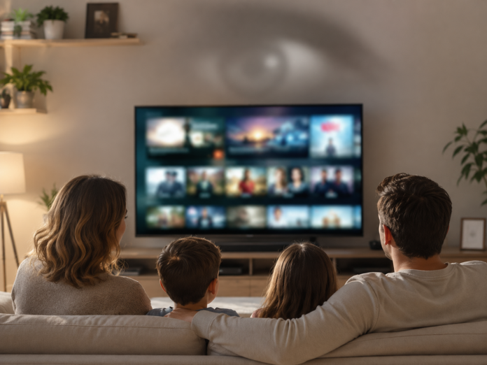 Smart TV programmi una famiglia è seduta sul divano, din salotto. a sinistra a destra mamma, due bimbi, e papà, sono di schiena rispetto anoi, stanno guardando la TV e sulla parete in ombra e sfocato c'è un gigantesco occhio che li guarda