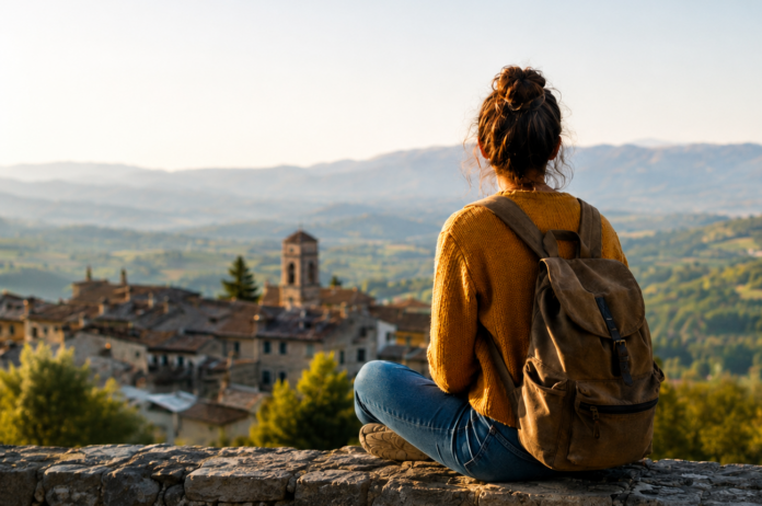 Right to Stay, la libertà di restare e l'iniziativa dell'Europa contro il grande spopolamento - zetatielle magazine - immagine generata con IA Right ro stay - nella foto in primo piano sulla destra una ragazza seduta a gambe incrociate su un muretto, di schiena a noi, ha i capelli raccolti in una coda, indossa jeans blu e maglioncino arancione, ha un o zaino sulla schiena, guarda il paese di montagna all'orizzonte - immaigne generata con IA