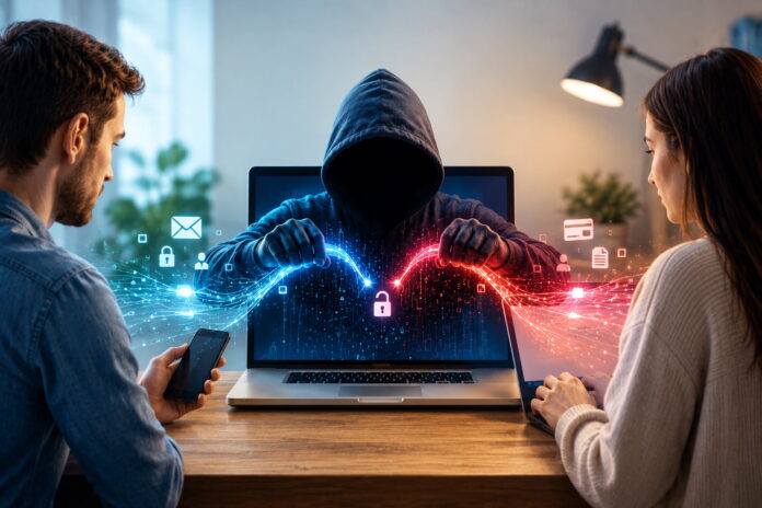 Truffa Man in the Middle - immagine generata con IA - nella foto un uomo sulla destra ha in mano uno spmartphone a sinistra una donna al pc portatile, in mezzo a loro un altro pc portatile da cui sbuca una sagoma incappucciata di un uomo che tiene in mano due fili fluorescenti, uno blu che proviene dal cellulare dell'uomo e uno roso che proviene dal pc della donna e da cui si liberano nell aria simboli di buste, carte di credito lucchetti