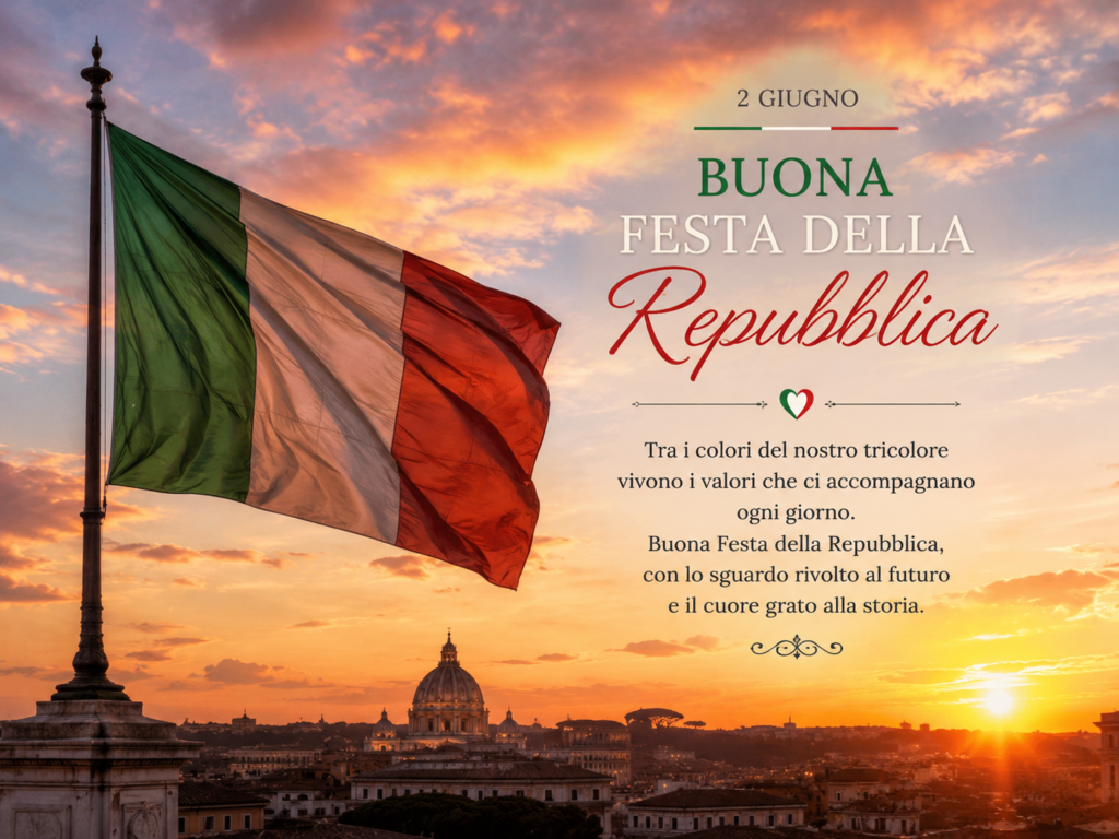 Festa della Repubblica - La bandiera tricolore italiana sventola nel cielo sul panorama di una città italiana al tramonto - immagine genrata con IA