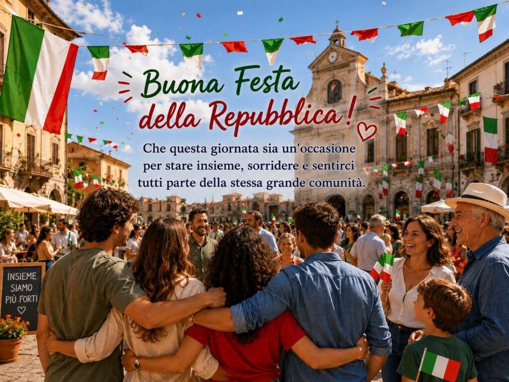 2 Giugno 2026 5 immagini per fare gli auguri in modo unico - una piazza addobbata con bandiere o di persone che celebrano insieme rappresenta al meglio lo spirito di condivisione che caratterizza questa giornata. Messaggio: "Buona Festa della Repubblica! Che questa giornata sia un'occasione per stare insieme, sorridere e sentirci tutti parte della stessa grande comunità." - immagine generatac on ia