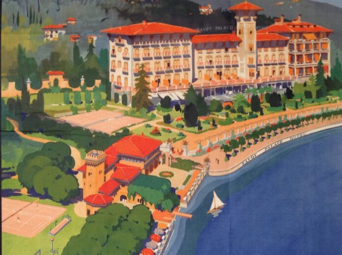 MAG Museo Alto Garda dalla Belle Époque al nuovo turismo - Zetatielle Magazine - CAT. 41_Gardone, Savoy Palace Hotel_1935_Aldo Raimondi via MAG mag museo alto garda - un particolare di una cartolina vintage col panorama del lago