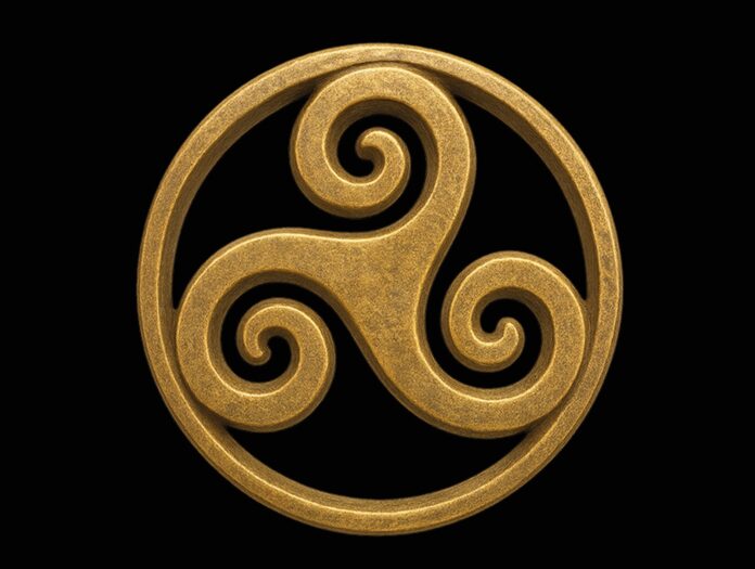 Miti e leggende degli antichi Celti - la copertina del libeo su sfondo nero un simbolo dorato formato da un cerchio con all'interno tre spirali collegate tra loro