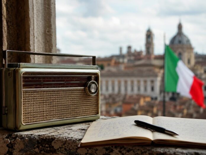 Festa del 2 giugno: 5 canzoni per una formidabile playlist - nella foto un quaderno e una radio vintage appoggiate al davanzale di una finestra, sullo sfondo il campanile di una chiesa
