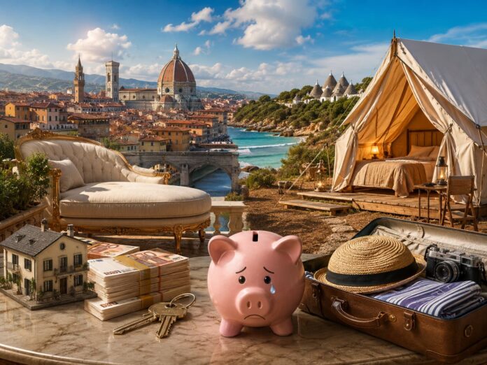 Appartamenti vacanze fino a 300.000 euro per una settimana ad agosto - zetatielle magazine - immagine generata con Ai Appartamenti vacanze - immagine generata ocn AI - un porcellino salvadanaio in primo piano con una lacrimuccia, una pila di banconote da 100 euro vicino, una casetta e a destra del porcellino, una valigia di cartone con dentro vestiti e un cappello, sullo sfondo una tenda con dentro un matrioniale e un comodino da notte, in mezo alla foto un fiume, e sullo sfondo la città di Firenze, con la cupola del duomo