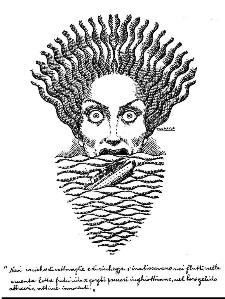 Illustrazione in bianco e nero, con viso di donna dagli occhi spaventati e i capelli ritti, che inghiotte nella bocca spalancata il mare e una nave che affonda.