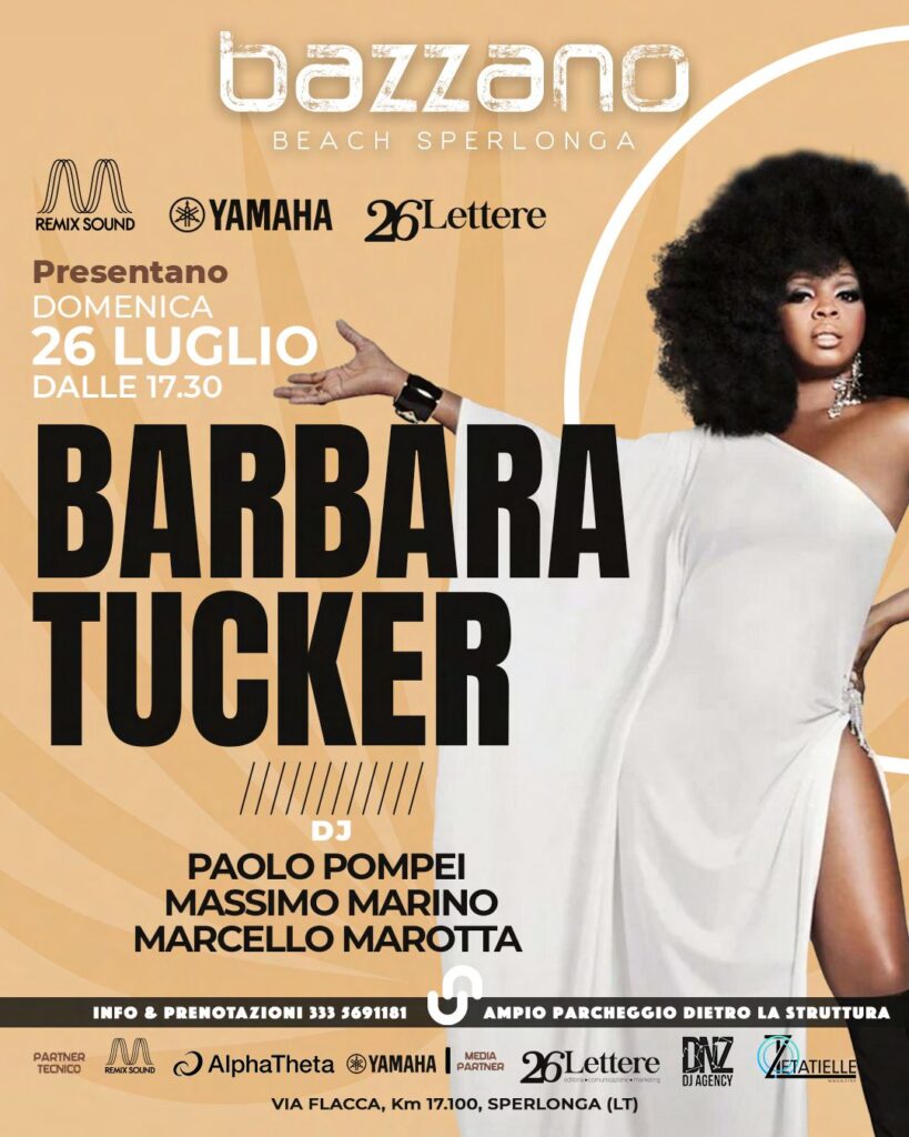 barbara tucker - la locandina dell'evento al bazzano beach