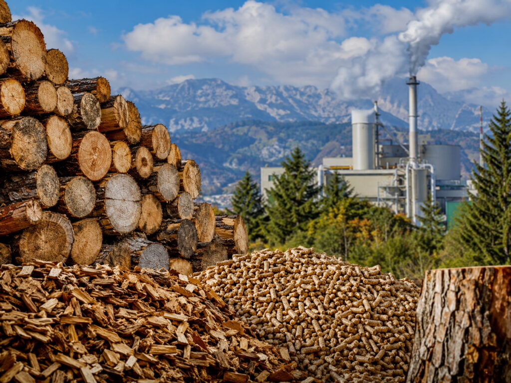 Filiera del legno riscaldamento - nella foto in primo piana una enorme catasta di legna e del truciolato di legno appoggiati per terra e sullo sfondo una centrale elettrica - immagine generata con AI