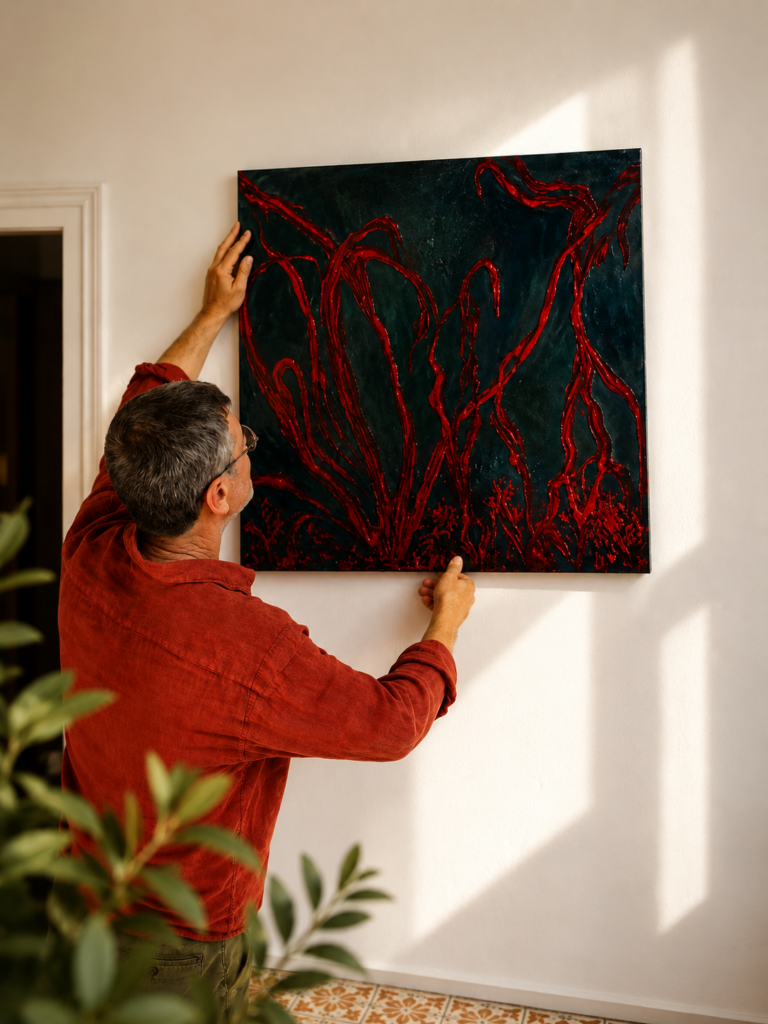 Anamnesis la mostra di Fernando Fragione. L'uomo sta appendendo un quadro alla parete, in primo piano una pianta d'appartamento (sulla sinistr)