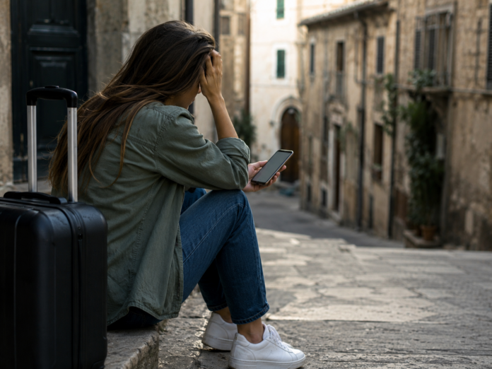 truffa della casa fantasma - una donna è seduta per terra in strada, in un borgo antico. La donna ha lunhgi capelli lisci, indossa giacca, jeans. Accanto a lei un trolley scuro. si metteuna mano nei capelli e con l'altra tiene un cellulare. Ha l aria disperata - immagine generata con IA