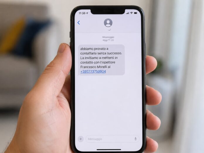 La truffa dell'ispettore di Polizia il pericolo arriva via sms - nella foto un cellulare in mano a una persona. La schermata mostra il testo dell'sms citato nell'articolo - immagine generata con AI
