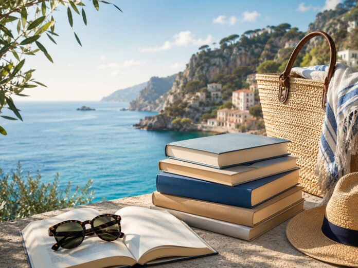 Libri in vacanza i consigli del libraio - Zetatielle Magazine - ChatGPT Image 20 lug 2026, 17_10_27 libri in vacanza - nella foto dei libri impilati, sullo sfondo una scogliera a picco sul mare