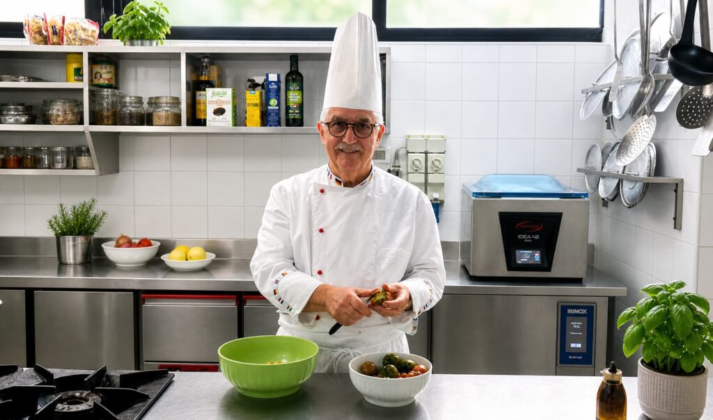 Lo chef Nazareno Fontana nella sua cucina, vestito da cuoco con il tradizionale cappello a cilindro bianco, sorride mentre sta mondando verdure in una terrina