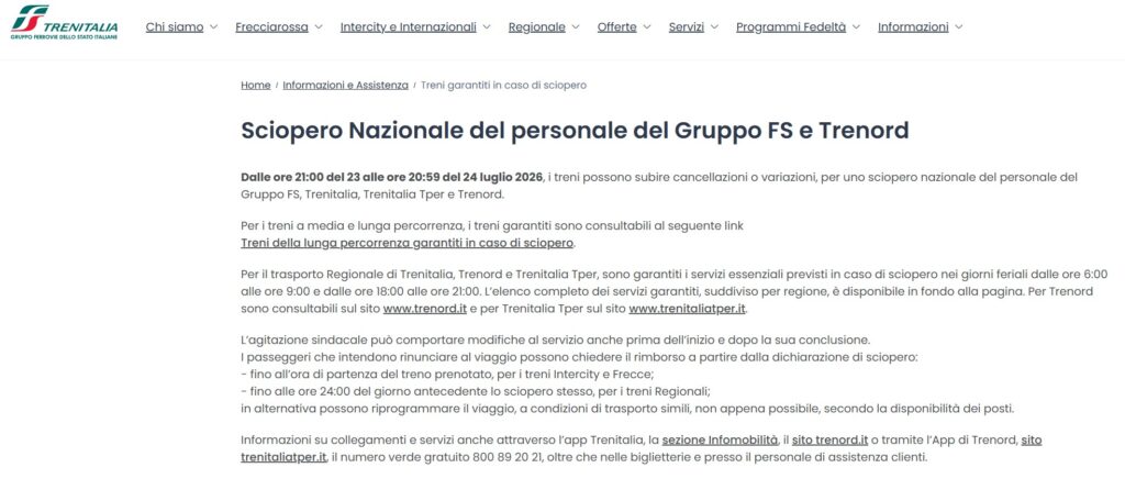 Sciopero dei trasporti sciopero dei treni - stop a treni, traghetti, aerei, autobus e vigili del fuoco - screenshot dell annnuncio di trenitalia