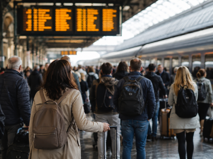 Sciopero dei trasporti stop a treni, traghetti, aerei, autobus e vigili del fuoco - zetatielle magazine - immagine generata con AI sciopero dei treni - delle persone sono in piedi di schiena in una stazione ferroviaria, alcuni con zaini in spalla, altri con trolley e tutti guardano il tabellone delle partenze - immagine generata con AI