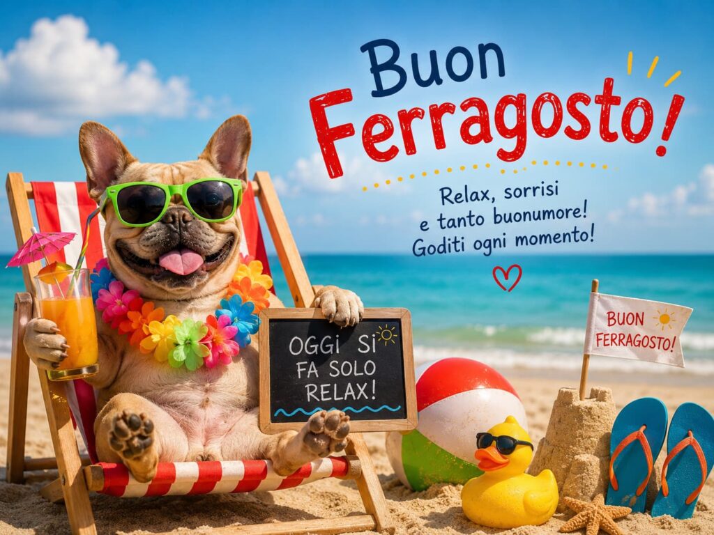 Ferragosto 2026 un fumetto rappresenta un cane bulldog seduto su una sdraio in spiaggia e tiene con una zampa un drink colorato e con l altra u n cartello di auguri. vicino alla sdraio dei giochi da bimbi un pallone e una paperella
