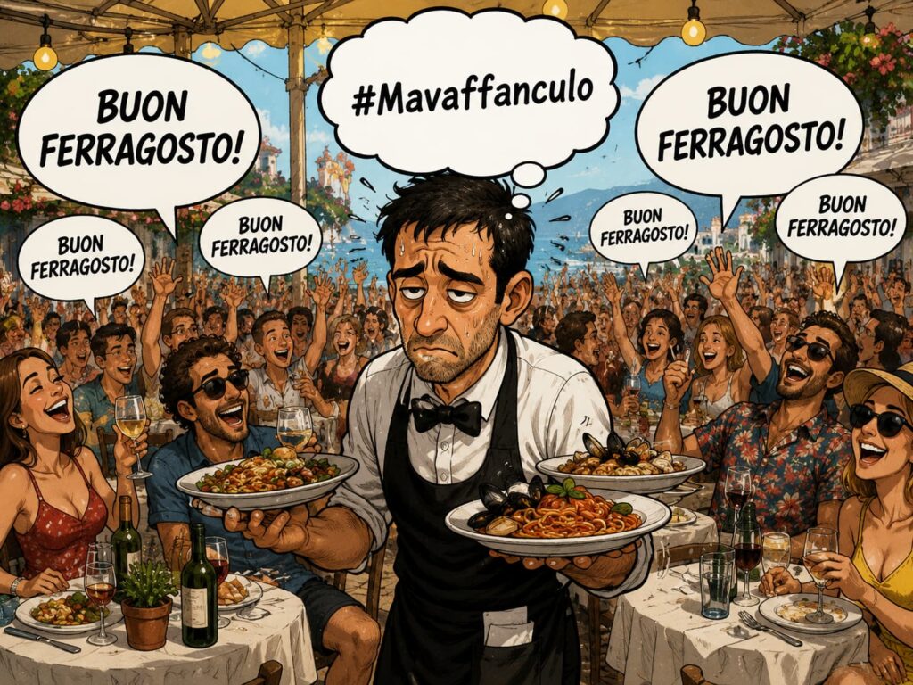 un fumetto rappresenta tanissime persone sedute nel dehor di un ristorante di mare, urlano buon ferragosto e in primo piano un cameriere che indossa camicia bianca e farfallino al collo, tutto sudato, porta piatti di cibo e ha un fumetto sopra la testa con la scritta #mavaffanculo